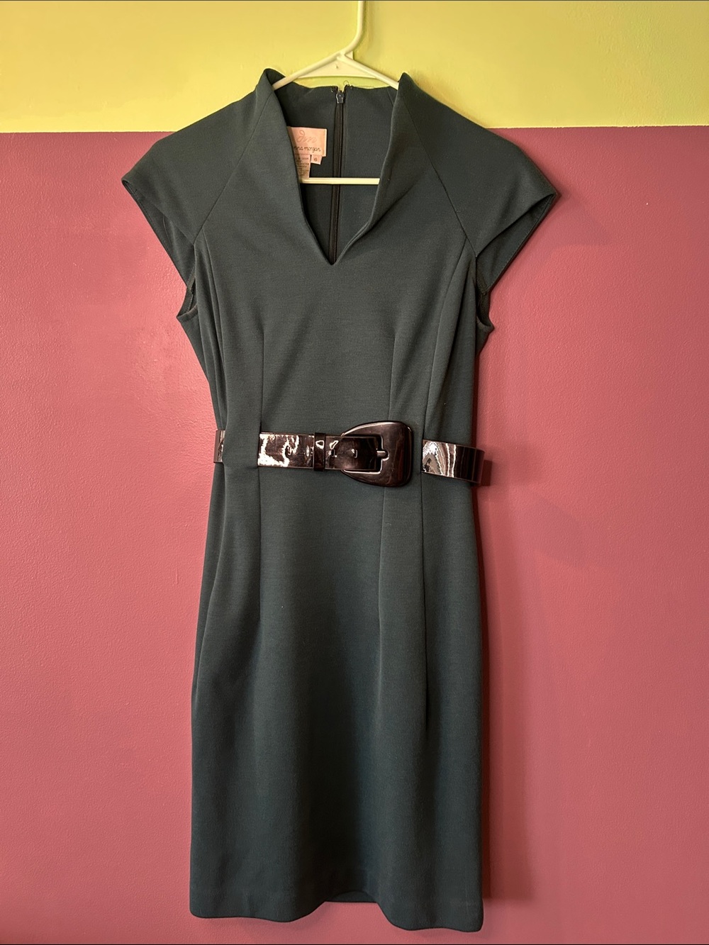 Donna Morgan Forest Green Cap-Sleeve Midi Dress with Brown Patent Belt